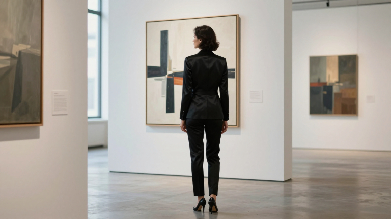 Elegante Frau betrachtet Kunst in Galerie - Reiche Frauen bei Vernissagen