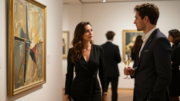 Elegante Frau an Vernissage angesprochen - Flirt Guide für reiche Frauen in Kunstgalerien
